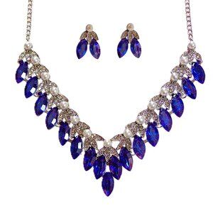 Blue crystal and white pearl necklace and earring set with marquise crystals